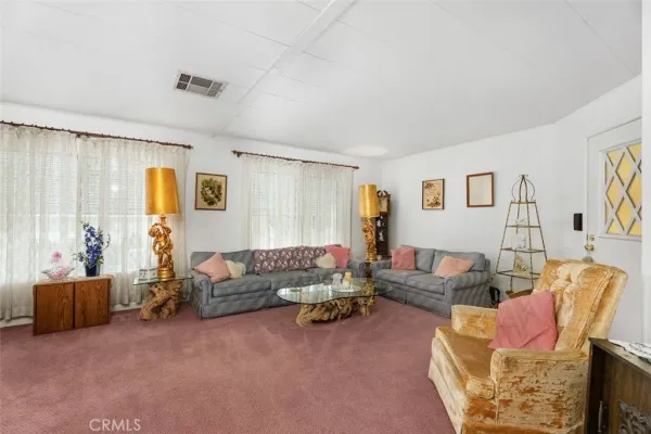 a living room with furniture and a lamp