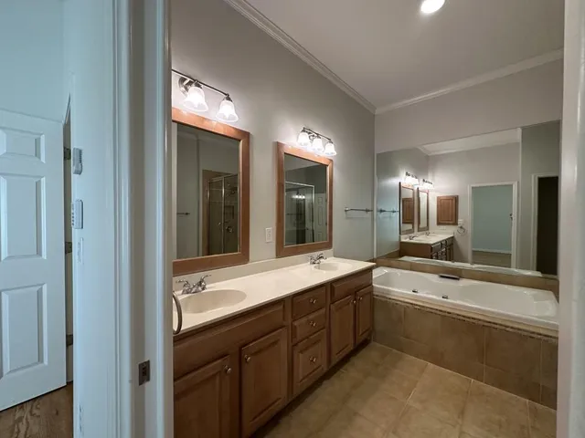 a bathroom with a sink double vanity and a large mirror