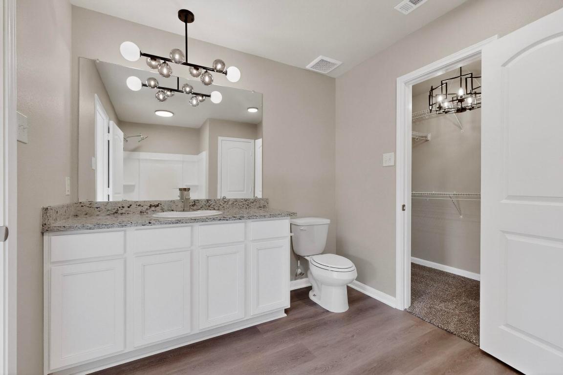 606 Aplite Pass Maxwell, TX 78656 - Photo 19 of 30 Bathroom with a chandelier, vanity, light wood-style flooring, and a walk in closet