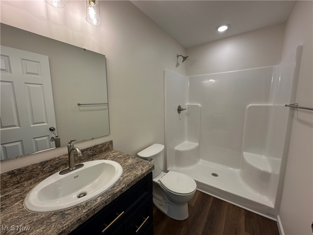 1275 South Meridian Road Youngstown, OH 44511 - Photo 11 of 16 Bathroom with vanity, a stall shower, and wood-style floors