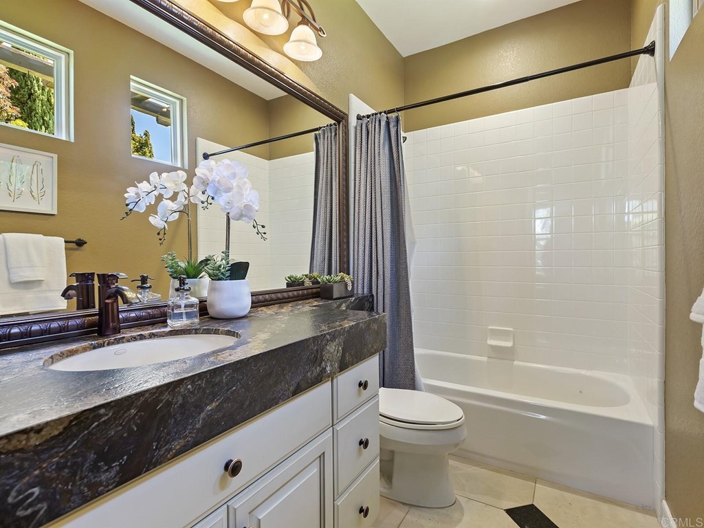 602 West Bluff Court Encinitas, CA 92024 - Photo 32 of 69 a bathroom with a granite countertop sink a toilet a mirror and shower