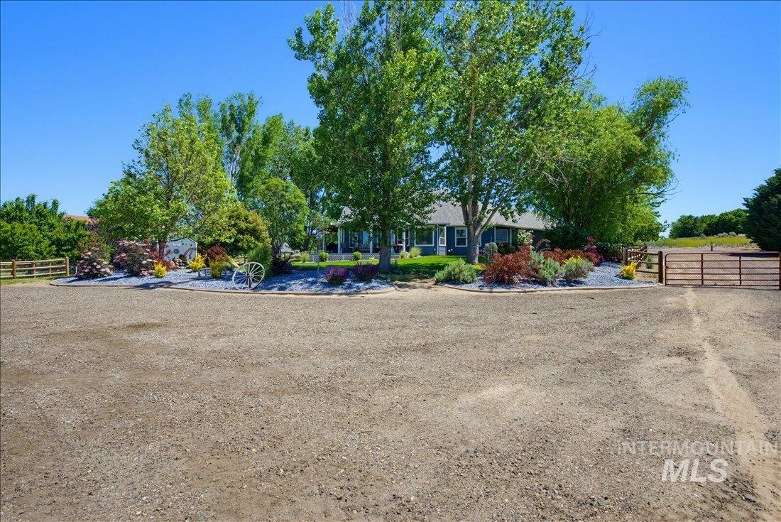 24623 Falcon Lane Caldwell, ID 83607 - Photo 30 of 40 Gravel driveway providing access to a property featuring a blue-sided house with a contrasting roof, surrounded by mature trees