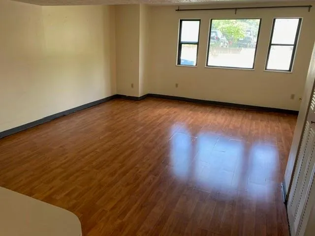 a view of an empty room and wooden floor