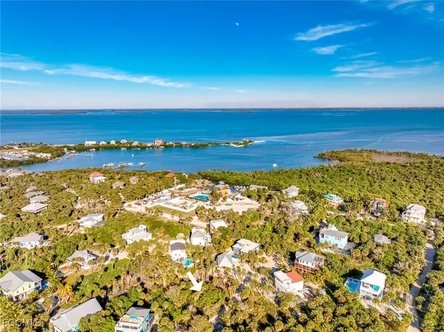 an aerial view of residential houses with outdoor space and trees