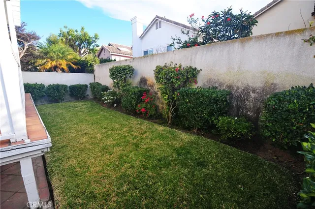 a view of a garden with plants and a bench