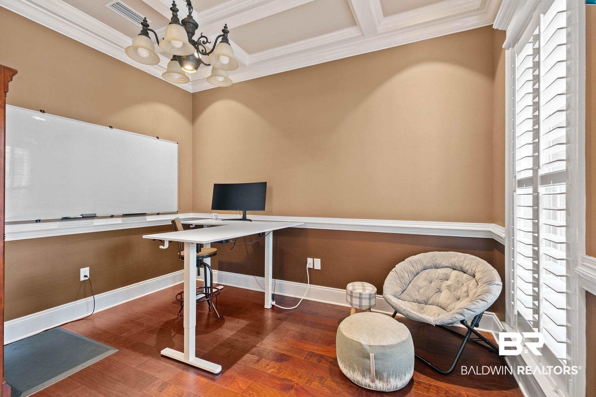 3668 Claridge Road North Mobile, AL 36608 - Photo 34 of 100 Office featuring hanging lights, wood finished floors, coffered ceiling, and crown molding