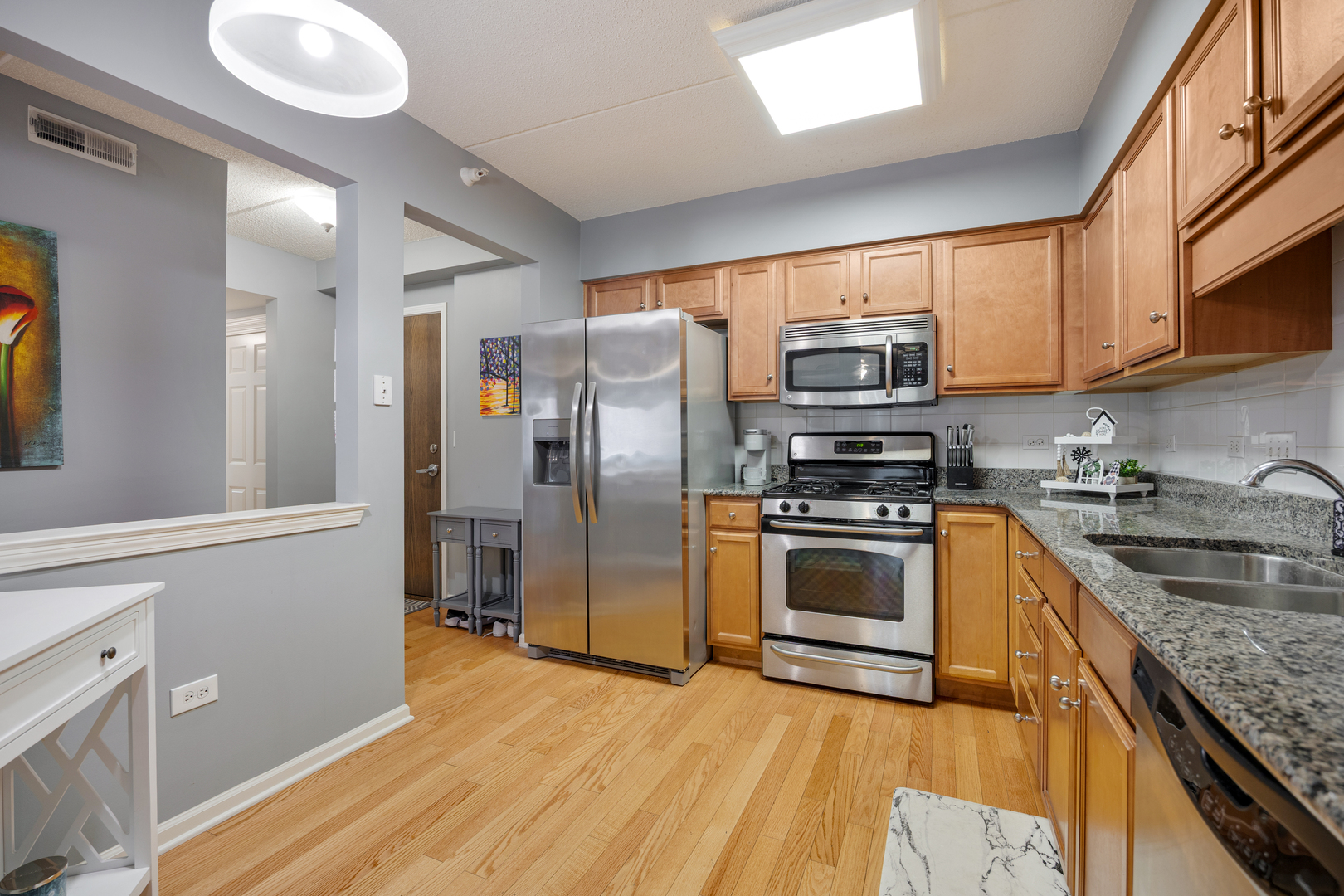 225 Main Street, Unit 216 Roselle, IL 60172 - Photo 10 of 20 a kitchen with stainless steel appliances granite countertop a refrigerator stove and sink
