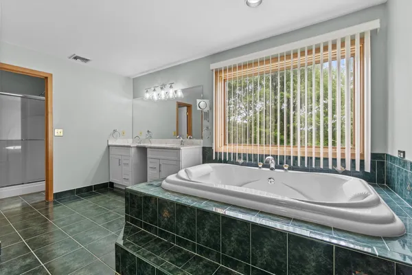 a bathroom with a double vanity sink a mirror and a shower