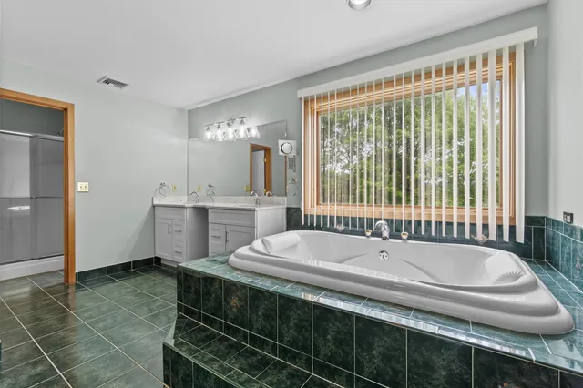 a bathroom with a double vanity sink a mirror and a shower