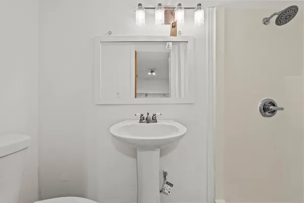 a bathroom with a sink a mirror and a toilet