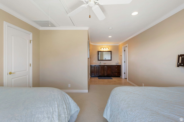 684 North Summit Way Alpine, UT 84004 - Photo 46 of 58 Bedroom featuring ornamental molding, light carpet, ceiling fan, and recessed lighting