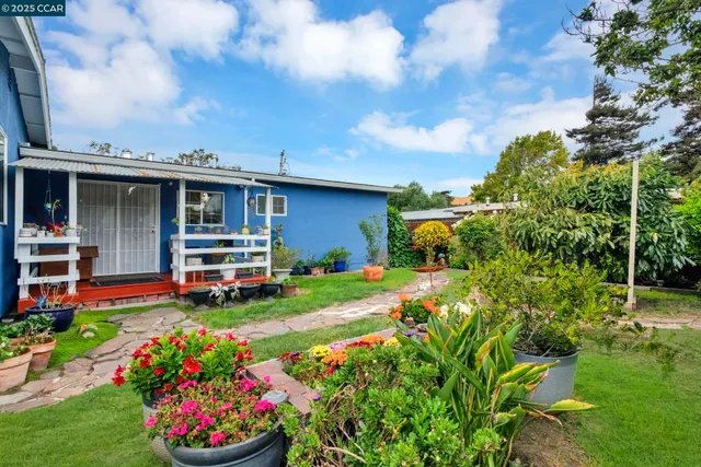 a view of a house with a big yard and potted plants