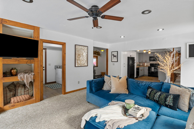 2189 Samak Park Loop, Unit 43 Kamas, UT 84036 - Photo 12 of 48 Carpeted living room with recessed lighting, a ceiling fan, and washer / clothes dryer