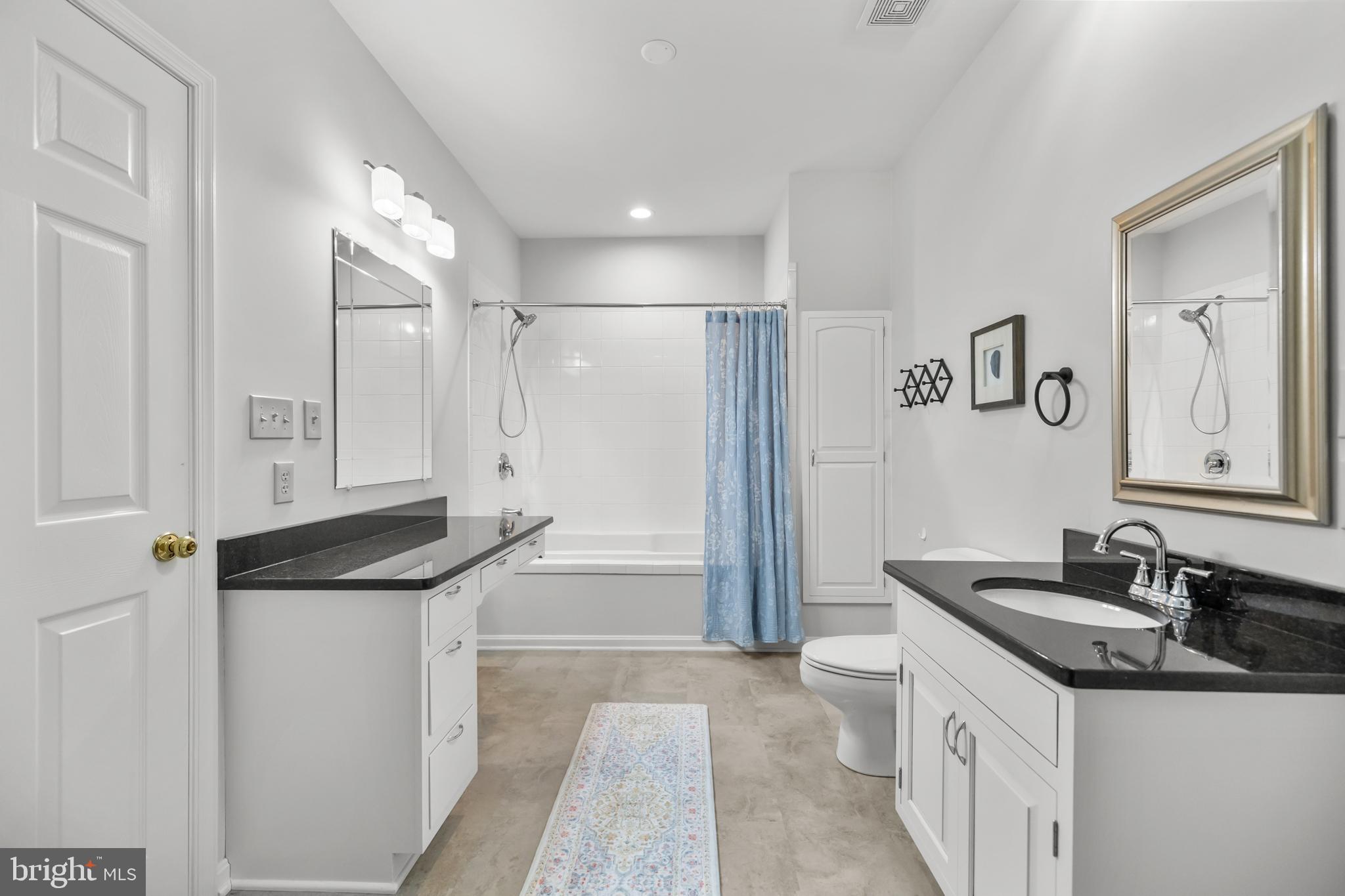 15657 Purcellville Road Purcellville, VA 20132 - Photo 43 of 72 a bathroom with a granite countertop sink a toilet a mirror and shower