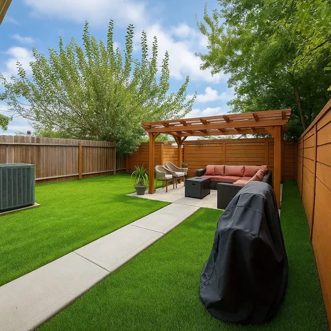 a view of a backyard with plants and a slide