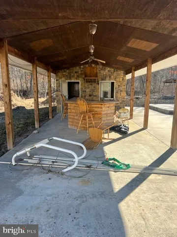 a building outdoor space with wooden floor