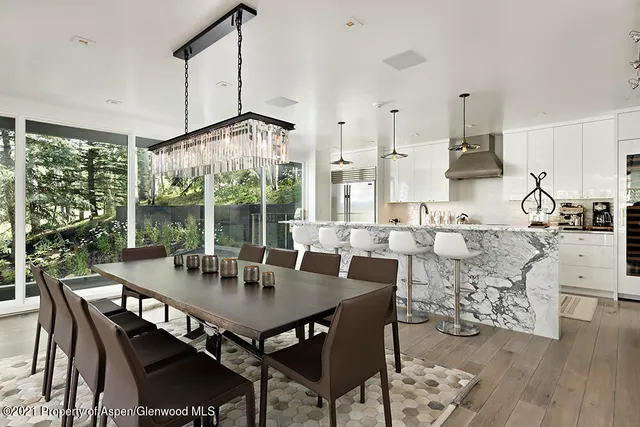 a view of a dining room with furniture