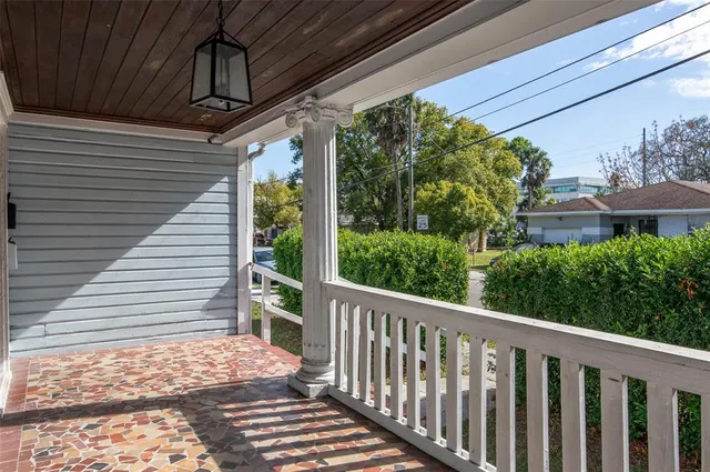 a porch with seating space