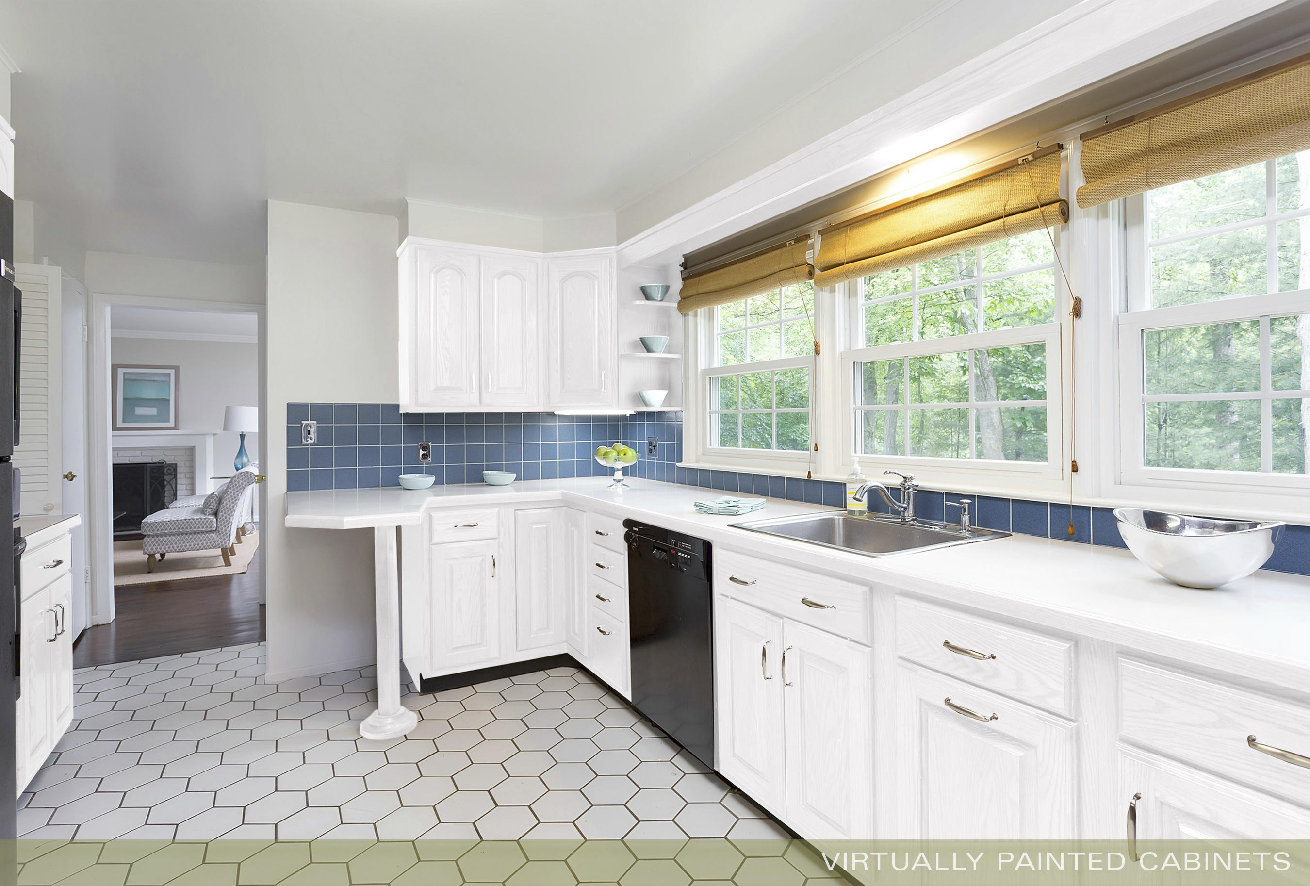 276 Smith Ridge Road New Canaan, CT 06840 - Photo 8 of 23 a kitchen with granite countertop white cabinets white appliances a sink and a large window