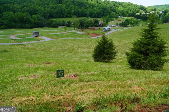 a view of a park that has a sign board on both side of it