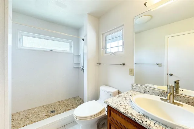 a bathroom with a granite countertop sink a mirror and a toilet