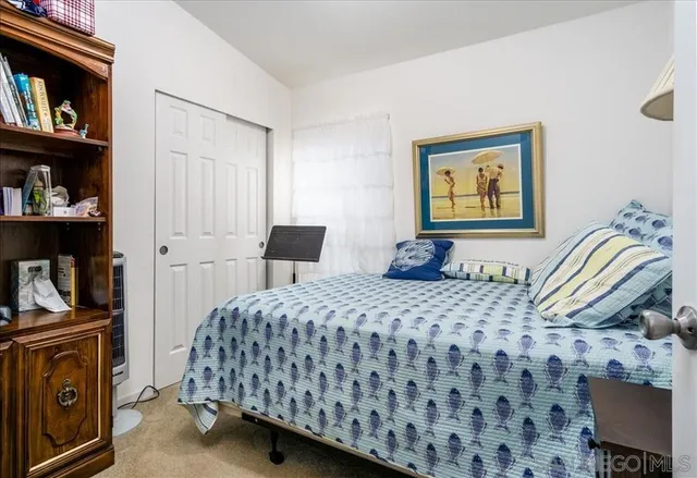 a bedroom with a bed and closet