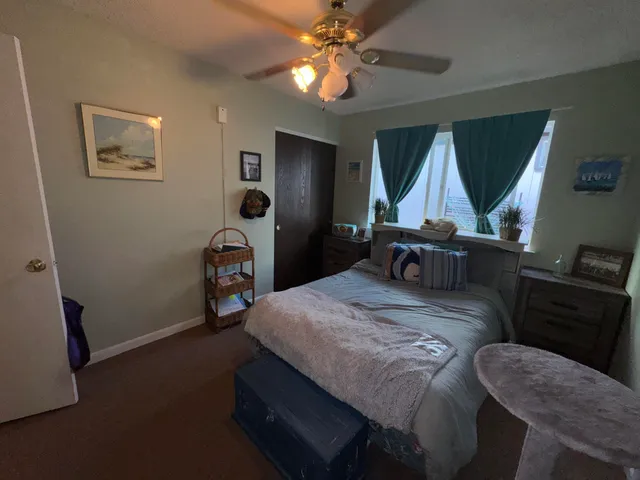 a bedroom with a bed and ceiling fan