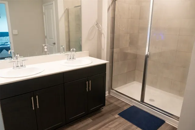 a bathroom with a sink a mirror and a shower