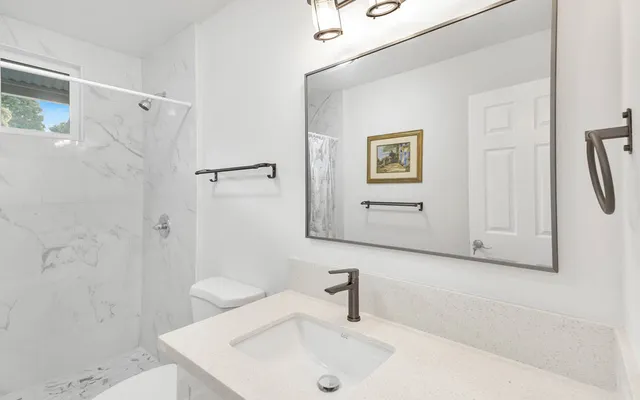 a bathroom with a sink a toilet and shower