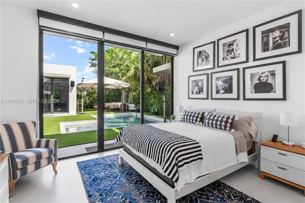 a bedroom with a bed and a large window