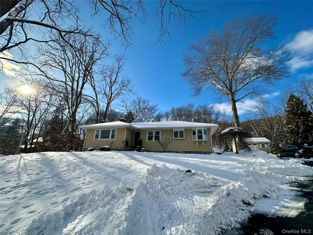 a view of a house with a yard covered in snow