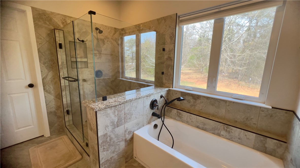 160 Hudgins Lake Road Townville, SC 29689 - Photo 26 of 41 Indulge in this elegant primary bath featuring a spacious walk-in shower and a deep soaking tub.
