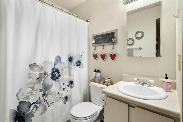 a bathroom with a sink mirror vanity and toilet
