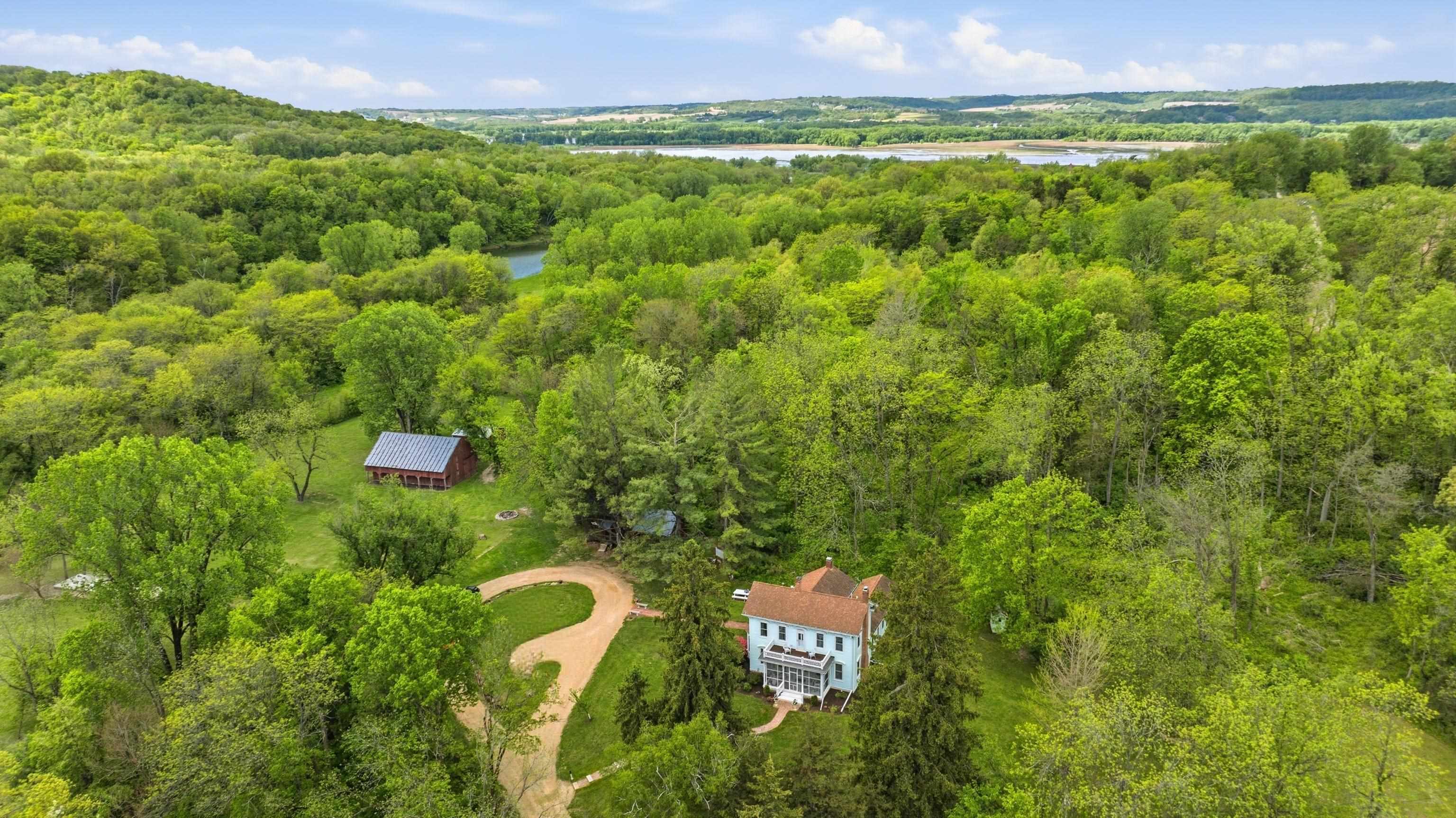 a view of a lush green forest with trees and a houses