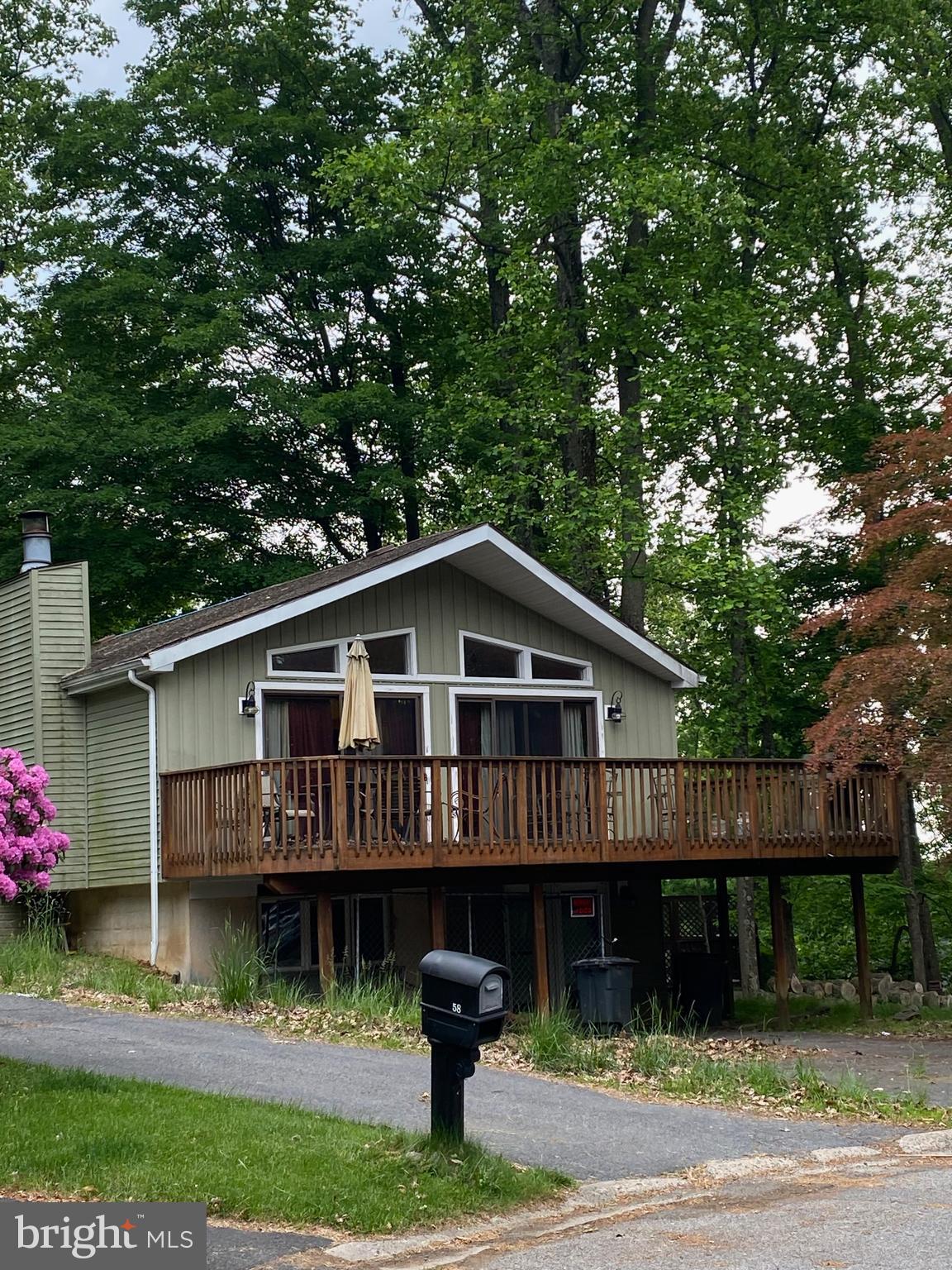 a view of a house with a yard deck and a tree