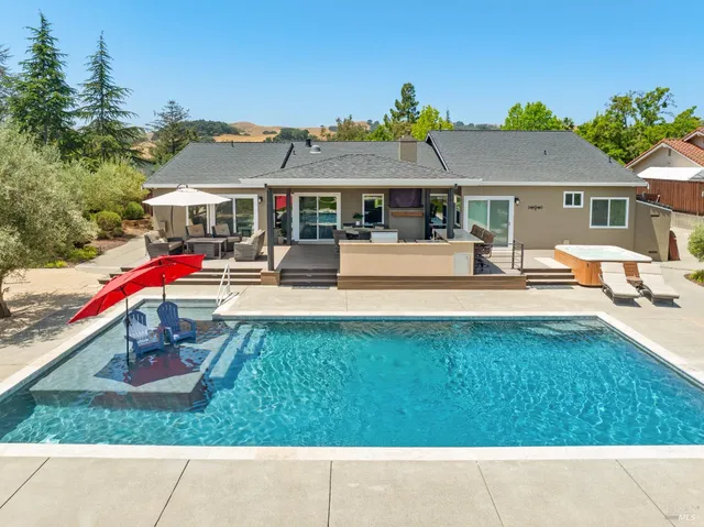 a view of a swimming pool with a yard