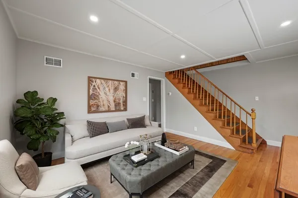 a living room with furniture and a potted plant