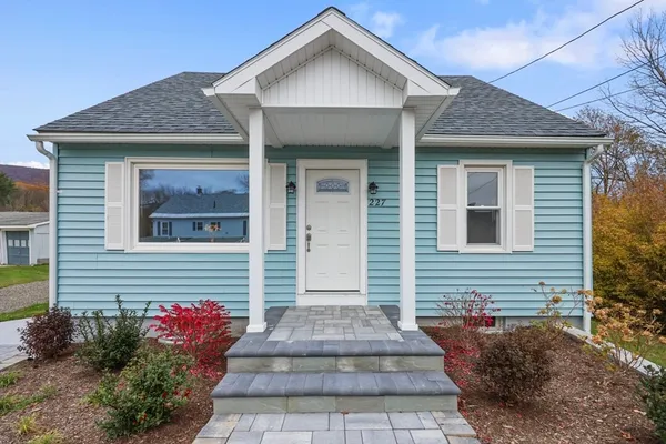 a front view of a house with plants
