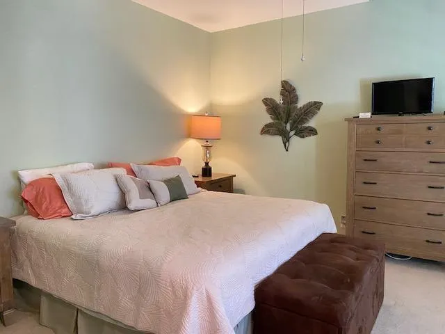 a bedroom with a bed and a flat screen tv