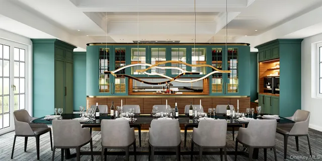 a view of a dining room with furniture and chandelier