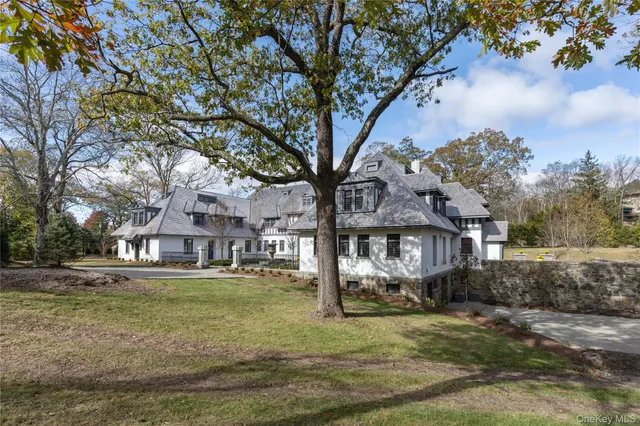 a view of a town with large trees