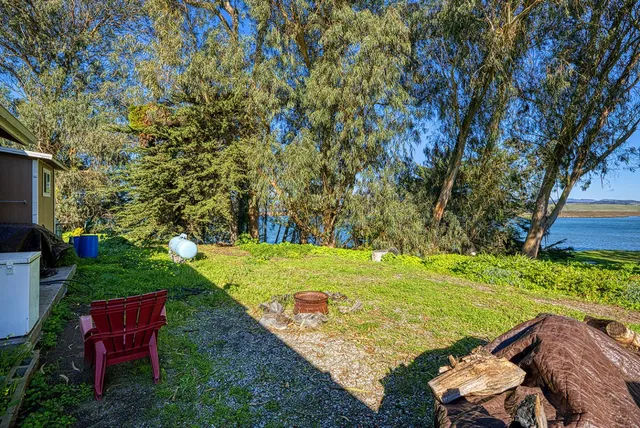 a view of a backyard with table and chairs with a yard and plants