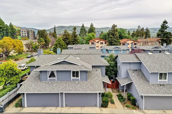 a aerial view of a house with a yard and potted plants