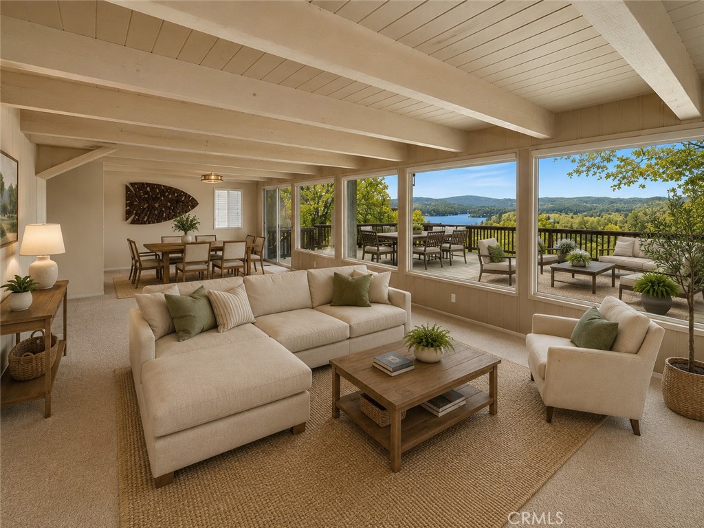 945 Hospital Road, Unit 1 Lake Arrowhead, CA 92352 - Photo 4 of 28 Virtually Staged - Living Room with the Wall-to-Wall Energy-efficient Windows ....