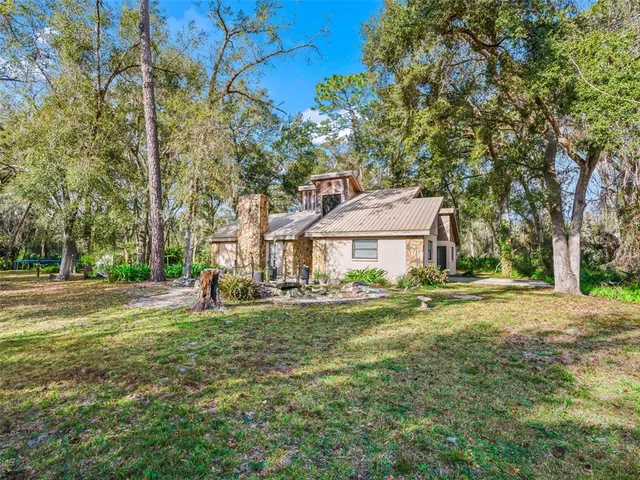 a view of a yard with plants and trees
