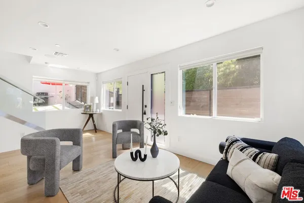a living room with furniture and a potted plant