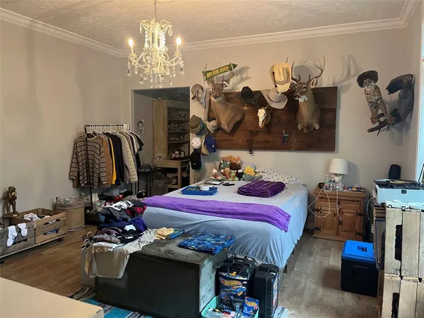 a bedroom with bed and a chandelier
