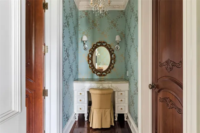 a bathroom with a mirror and a shower