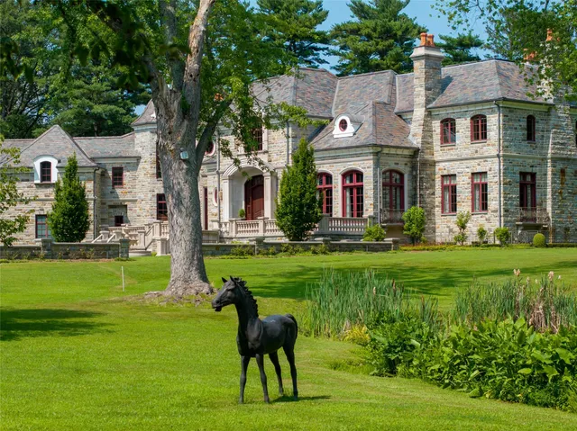 a front view of house with yard and green space