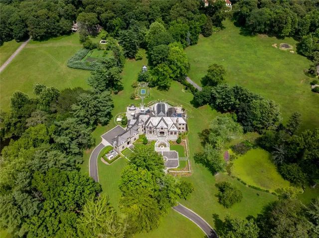an aerial view of a house with a yard swimming pool patio and lake view